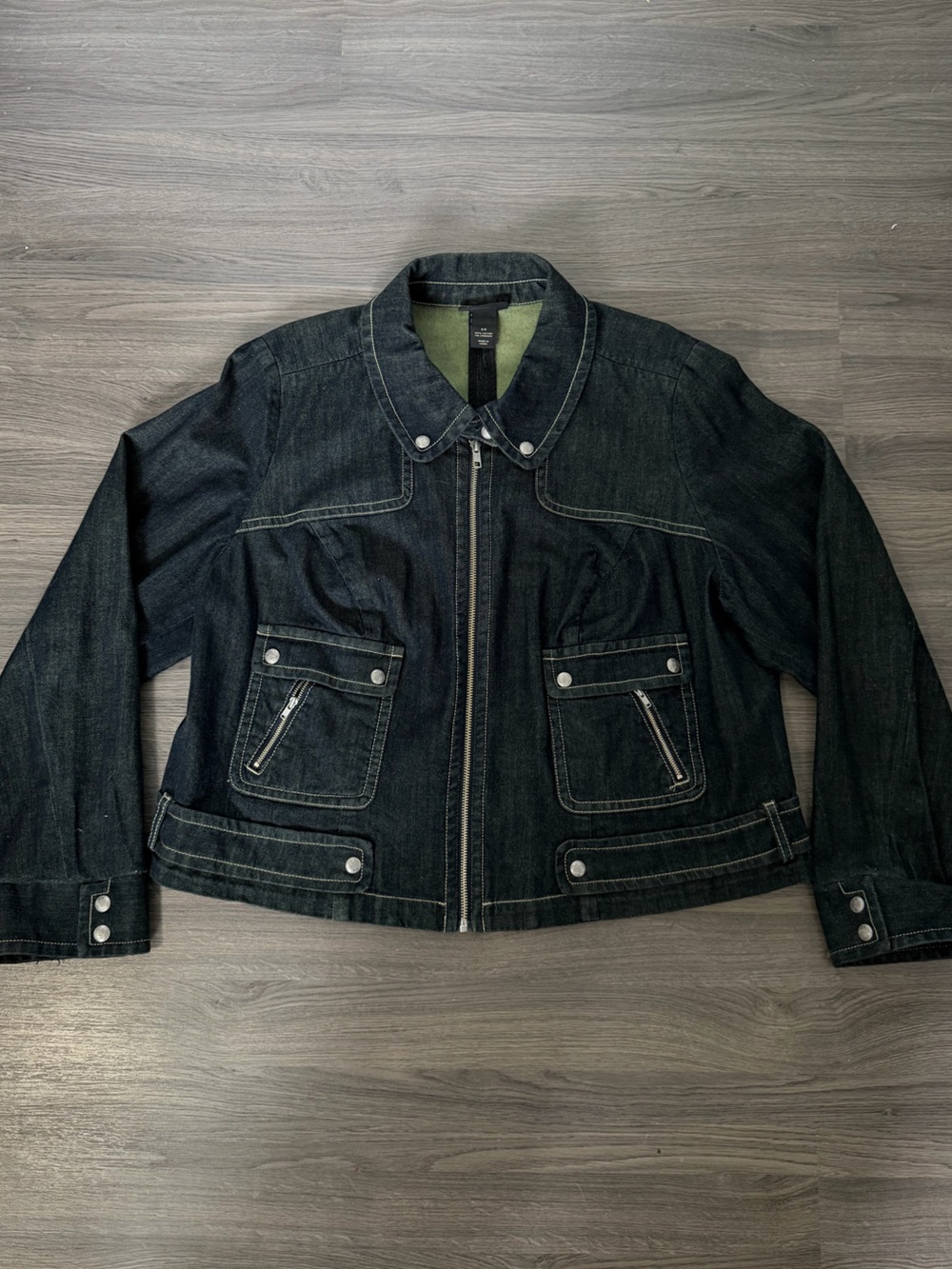 Y2K Lane Bryant Dark Blue Denim Jacket with Zip and Snap Pockets